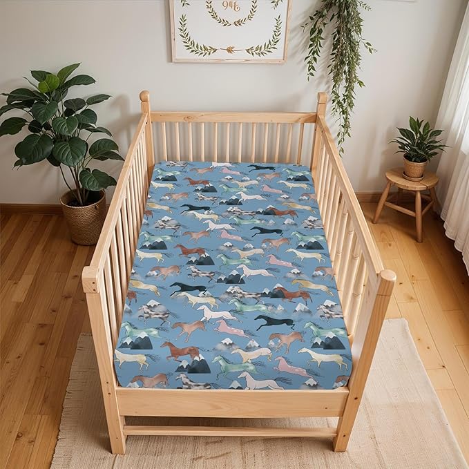 Boho Horses Mountains Baby Crib Sheets for Boy Girl 28"x52" Wild Horses Blossom Soft Snug Fitted Crib Mattress Covers Horse Lovers Nursery Baby Sheet for Standard Crib & Toddler Bed Mattress Blue