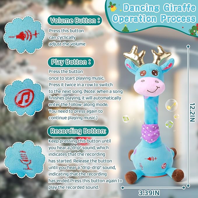 Dancing Talking Giraffe with Golden Antlers Toy, Stuffed Animal Baby Toy Repeating What You Say, Musical Toy with Golden Anlters Gifts for Toddlers 1-3 Years Old (Blue Giraffe Antlers)