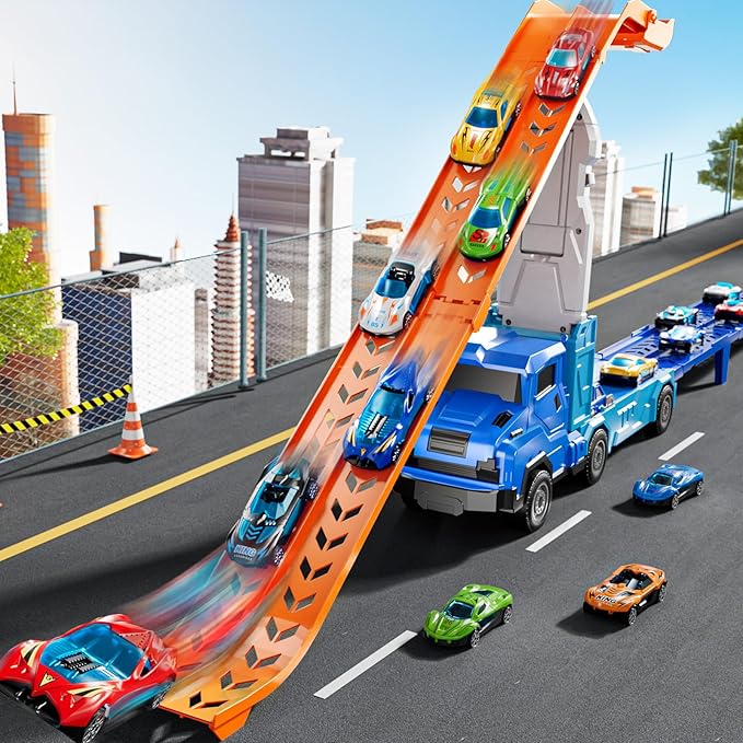 Toddler Car Truck Toys for 3 4 5 6 7 8 Years Old Boys, Transporter Truck Toy Track Set with 12 Die-Cast Car Toys, Toy Gifts for 3 4 5 6 Year Old Boys Kids