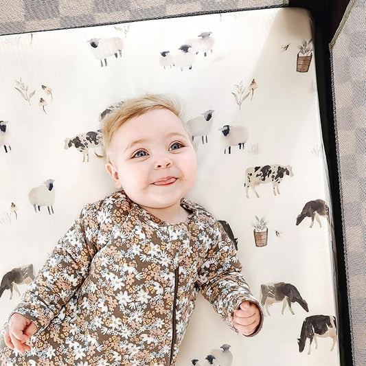 Stretchy Ultra Soft Jersey Knit Pack and Play Sheets Set 3 Pack, Portable/Mini Crib Sheets for Boys and Girls, Universal Fit for Pack N Plays Safe and Snug, Cute Watercolor Cows and Birds Print