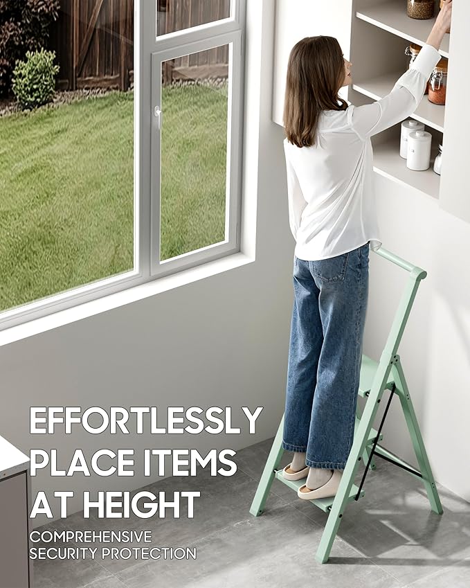 HillhutApex 3 Step Foldable Aluminum Step Ladder with Handgrip, Anti-Slip Pedal, 330 lbs Capacity, Lightweight & Portable for Home, Kitchen, Office, Garage (Pale Green)