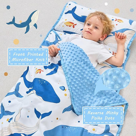 Toddler Nap Mat with Pillow and Blanket, Extra Large Rolled Napping Mats,Slumber Bags for Boys Girls,Kids Sleeping Bag for Daycare, Preschool Travel Camping