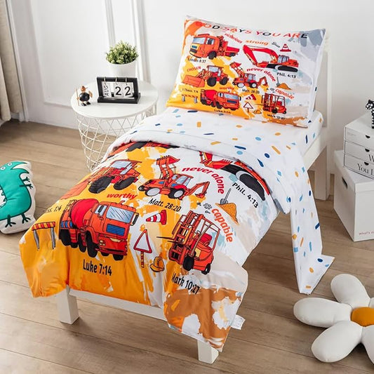 4 Piece Toddler Bedding Set for Boys,Cars Construction Toddler Bed Comforter Set Includes Comforter,Flat Sheet,Fitted Sheet and Pillowcase,Christan Trucks Tractors Bed in A Bag for Kids Bedroom