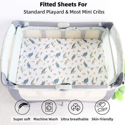 LifeTree Crib Sheets for Baby Unisex - Muslin Fitted Crib Sheets Toddler Bed Sheet, 70% Viscose from Bamboo and 30% Cotton, Fits Mini Crib & Pack and Play Playard, Sea Turtle, 26in x 38in