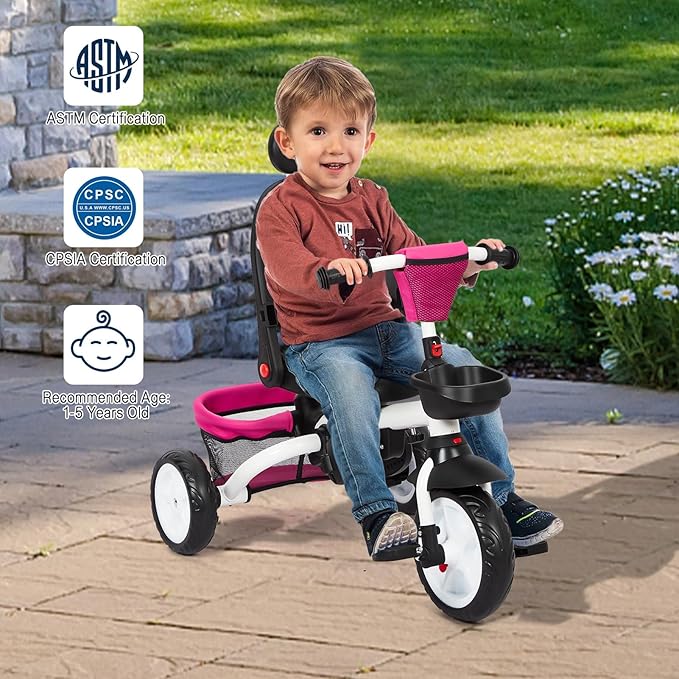 Baby Tricycle, 7 in 1 Folding Toddler Bike w/Removable Adjustable Push Handle, Canopy, Rotatable Seat, Safety Harness, Cup Holder & Storage, Trike for 1-5 Year Old (Pink)