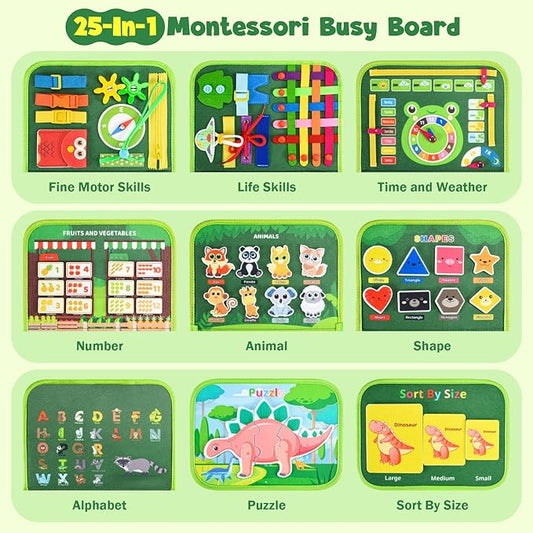 Busy Board Montessori Toys for 4 Years Old, Busy Books for Toddlers, Sensory Board Quiet Book Educational Activity Book for Toddlers 4-5, Toddler Travel Toys for Plane Car, Gifts for Boys Girl (Green)