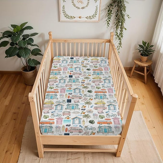 Watercolor Summer Travel Baby Crib Sheets Boy Girl 52x28Inch Boho Hippie Beach House Surfboard Palm Car Soft Snug Fitted Crib Mattress Cover Beach Days Baby Sheet for Standard Crib & Toddler Mattress