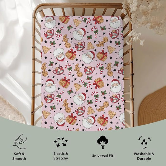 Sweet Christmas Pink Baby Crib Sheets for Boy Girl 52x28 Santa Claus Cherry Fir Candy Soft Snug Fitted Crib Mattress Cover Winter Holiday Festival Baby Sheet for Standard Crib & Toddler Bed Mattress