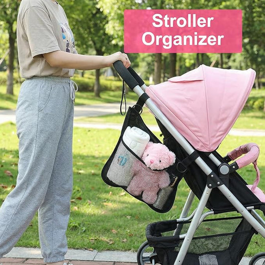 WJIAAA 2 Pack Side Sling Stroller Organizer, Universal Portable Side Sling Stroller with Mesh Cargo Net, Black Adjustable Mesh Storage Bag with Non-Slip Straps for Extra Cargo Space