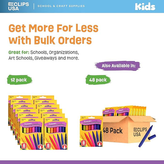 E-CLIPS USA Jumbo Markers For Kids, Colored Markers For School, Washable markers Bulk Classroom, Broad Tip, 8 Per Box (12 Pack)
