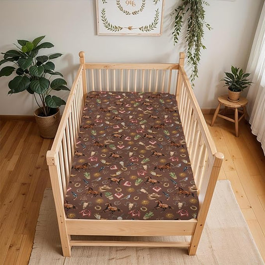 Western Cowboy Baby Crib Sheets for Boy Girl 52x28Inch Vintage Horse Cowboy Boots Hat Cactus Goat Sun Soft Snug Fitted Crib Mattress Cover Wild West Baby Sheet for Standard Crib & Toddler Mattresses