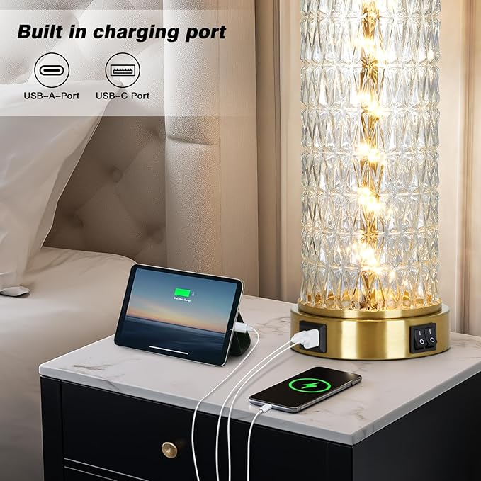 luxeflow 28" Gold Glass Table Lamps Set of 2, Gold Modern Bedside Lamp with LED Night Light, USB A+C, Glass Lamps for Living Room, Bedroom, Nightstand, Office, End Table (2 Bulbs Included)