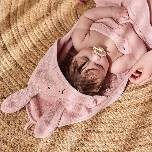 Baby Hooded Towel – Organic Cotton Baby Bath Towels, 32" x 32" Super-Soft and Absorbent Baby Towels for Newborn 2-Pack (Rabbit Blush/Bear Fog)