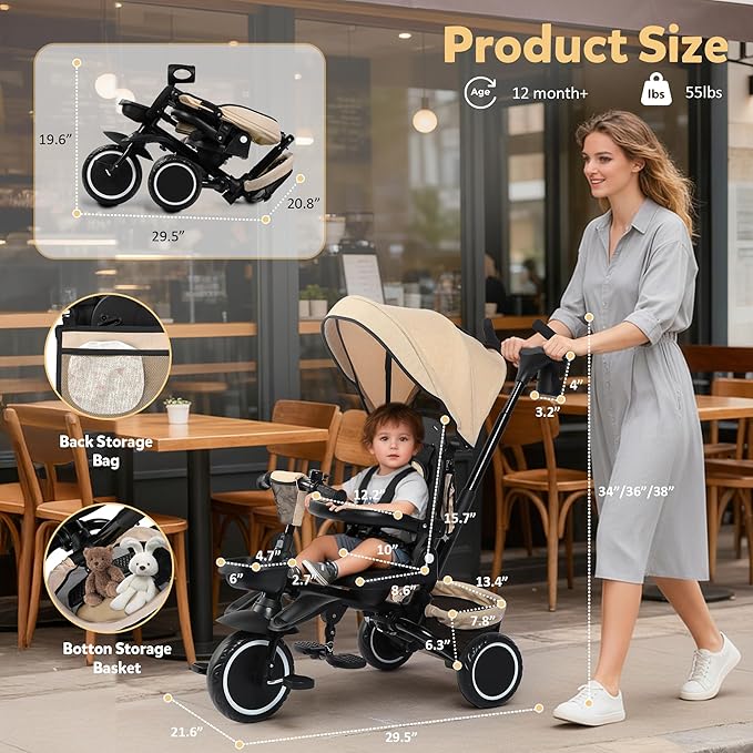 Folding Kids Tricycle, 8 in 1 Baby Trike W/Removable & Adjustable Canopy, Parent Handle, 5-Piont Safety Harness, Toddler Bike Stroller for Kids 1-6 Years, EVA Wheels, Storage Basket, Khaki