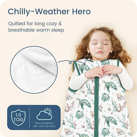 1.0 TOG Toddler Sleep Sack, Wearable Blanket Baby Sleeping Bag with 2-way Safe Zipper, Ultra Soft All Season Sleep Sack for 24-36-48 Months, 1 Pack(Green Turtle)