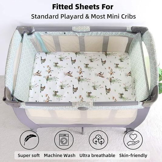 LifeTree Pack and Play Sheets Fitted for Baby, 38" x 26" x 2" Muslin Playard Mattress Pad Cover,70% Viscose from Bamboo and 30% Cotton, Mallard Duck Pattern