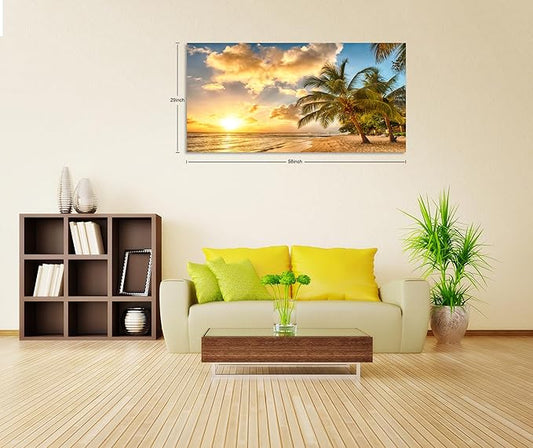 KUNHAAH Wall Art Canvas Painting Golden Ocean Beach Palm Tree 1 Piece Sunset See Coconut Trees Landscape Picture Poster Print Framed and Stretched Ready to Hang for Living Room Bedroom Office Artwork