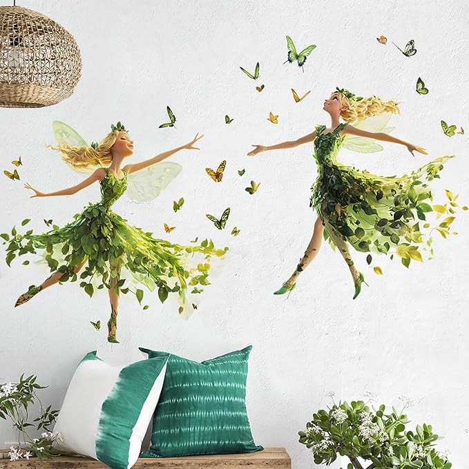 DRWSSR Removable Two Cartoon Green Butterfly Elf Girl Decals Fairy Wall Decals DIY Lovely Dancing Girl Wall Stickers Peel and Stick Butterflies Art for Girls Room Living Room Bedroom Bathroom Decor