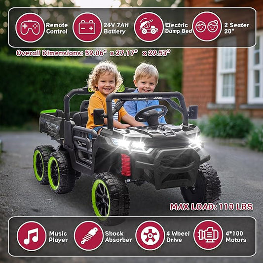 24V 2 Seater 4WD 6x6 Ride On Dump Truck with Remote Control, Ride on Toys for Big Kids with 20inch Seat, 3 Speeds, 4X100 Motors, Music, Ride on Truck for Toddler Boys Girls, Black