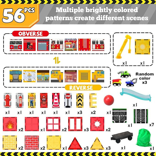 Magnetic Tiles for Kid, 56PCS Construction Magnet Tiles with Fire Truck & Station, Building, Road, Crane, and Car Toys - Educational Travel Magnetic Tiles for Kids Ages 4-8, STEM Toys for 3+ Year Old