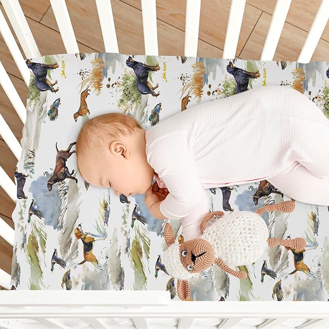 Fitted Crib Sheets for Baby Boys or Girls Soft Breathable Baby Play Yard Sheet for Standard Size Crib Mattress 39x27in Hunting Dogs and Ducks