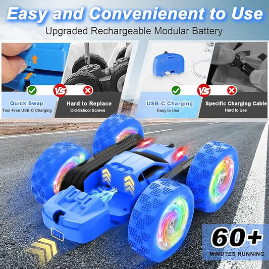 Remote Control Car, Outdoor Toys RC Cars for Kids Ages 6-12, 4WD Double Sided Stunt Vehicle with Upgraded USB-C Modular Batteries, 5 6 7 8 9 10+ Year Old Boy Birthday Blue