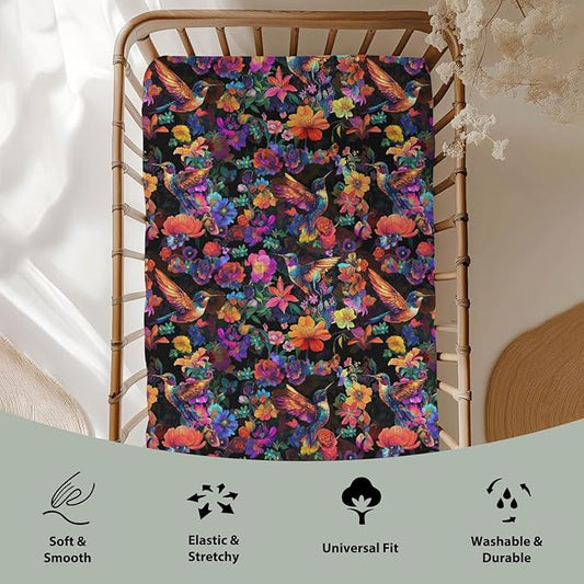 Garden Hummingbirds Blossom Baby Crib Sheets for Boy Girl 52x28Inch Tropical Birds Floral Soft Stretchy Fitted Crib Mattress Cover Colorful Spring Baby Sheet for Crib & Toddler Bed Mattresses
