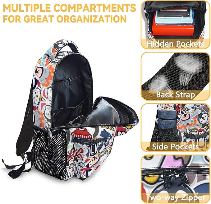 COOPASIA Penguin Backpack with Lunch Box and Pencil Case, 16 Inch Penguin Theme Bookbag with Adjustable Straps, Durable, Lightweight, Large Capacity, School Backpack for Girls Women