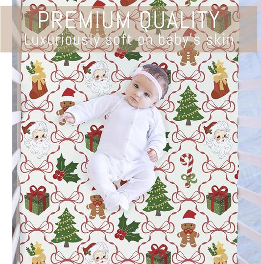 Santa Christmas Bows Baby Crib Sheets for Boy Girl Retro Christmas Trees Stockings Fir Gifts Soft Snug Fitted Crib Mattress Covers for 52x28 Standard Crib & Toddler Mattress Winter Baby Sheets