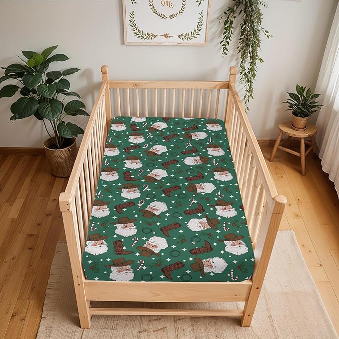 Green Cowboy Santa Christmas Baby Crib Sheets for Boy Girl 52x28Inch Western Santa Hat Boots Fir Leaves Soft Snug Fitted Crib Mattress Cover Wild West Baby Sheet for Standard Crib & Toddler Mattress