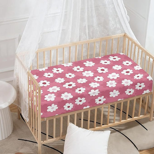 Pink Daisy Fitted Crib Sheet for Boys Girls Floral Traditional Folk Art Flower Baby Sheet for Standard Crib and Toddler Cute Nursery Bed Mattress Sheets 28"x52"