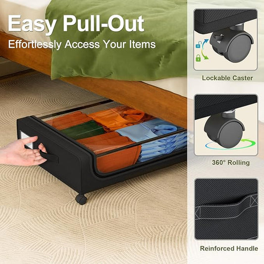 GoMaihe Under Bed Storage with Wheels: XXL Underbed Storage Containers with Clear Lids - Rolling Drawers & Bins for Shoes Clothes in Dorm Bedroom - Space-Saving Easy Pull-out Black 4-Pack