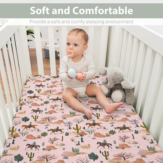Retro Western Cowboy Pink Baby Crib Sheets for Boy Girl 52"x28" Vintage Cowboy Cactus Soft Stretchy Fitted Crib Mattress Cover Wild Desert Baby Sheet for Standard Crib and Toddler Bed Mattress