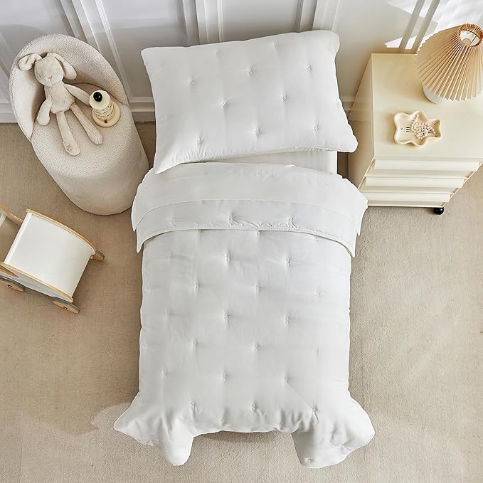 DuShow White 4 Piece Toddler Bedding Set for Boys Girls,Embroidery Microfiber Crib Bed Sheets Set Soft Boho Comforter Set Bed in a Bag, Include Quilted Comforter,Flat Sheet,Fitted Sheet,Pillowcase