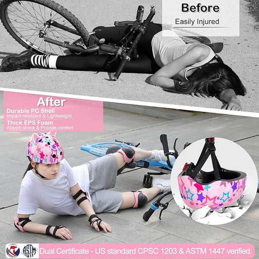 Kids Helmet, Bike Helmets for Kids 8-14 with Knee Pads and Elbow Pads Wrist Guards, Adjustable Youth Girls Bike Helmet with DIY Cat Ears Skateboard Helmet for Scooter Skating Cycling