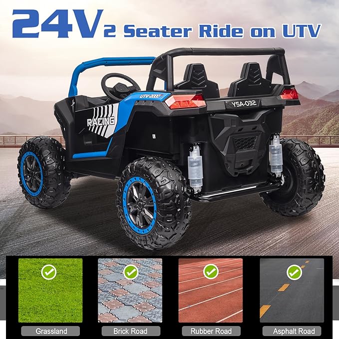 POSATCK 24V Ride On UTV 2024 Kids 2 Seater Electric Vehicle Car with Parents Remote Control for 4 Wheels Drive Kids Battery Powered UTV Electric Car for Girls Boys with EVA Rubber Compound Tires, Blue