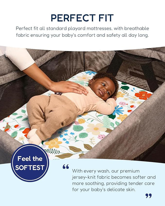 TotAha Buttery Soft Mini Crib Sheets Girl, Floral Pack N Play Mattress Sheets Hypoallergenic, Premium Jersey Playrad Sheets, Pink Flower Graco Pack and Play Sheets Fitted 2 Pack