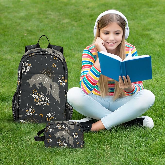Jucciaco Magical Fox Stars Moons Boho Backpack with Lunch Bag, School Backpack for Teens Boys Girls Kids Travel Backpacks Set