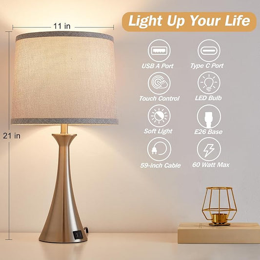 Hikczc Touch Lamp for Living Room Bedroom, 21" Table Lamps Set of 2 with USB C+A Ports and Grey Lamp Shades, Touch Bedside Lamps for Nightstand with 3 Way Dimmable, 2 LED Bulbs Included, Silver