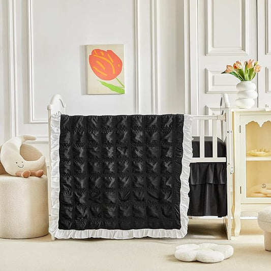 Ruffled Crib Bedding Set Baby Boho Quilted Comforter with Fitted Sheet and Bed Skirt - Cute Soft Breathable Seersucker Ruffled Shabby Chic Bedding Soft Blanket Design - Black