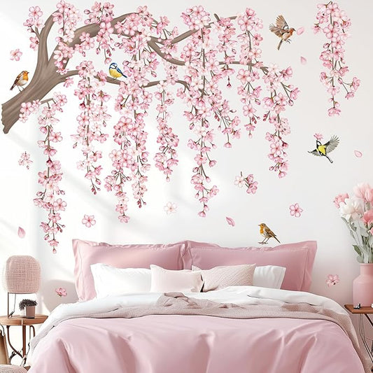 decalmile Large Pink Flower Tree Branch Wall Decals Cherry Blossom Tree Floral Birds Wall Stickers Living Room Bedroom Tv Background Wall Decor