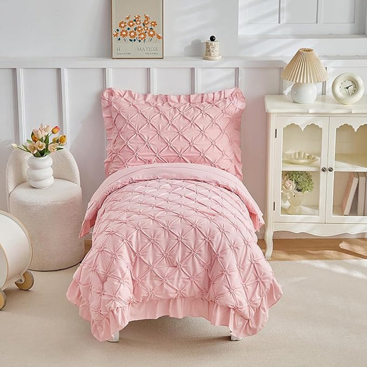 DuShow Princess Toddler Bedding Set for Girls,4 Pieces Ruffles Toddler Bed Set,Ultra Soft Kids Pink Sheet Set Includes Comforter,Flat Sheet,Fitted Sheet and Pillowcase
