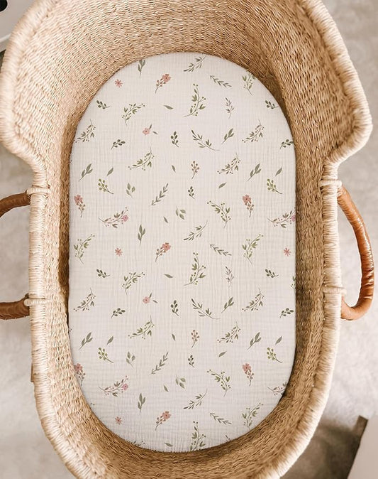 Bassinet Sheet for Baby Boy Girl 2 Pack, Fitted Sheets for Rectangle, Oval, Hourglass Bassinet Mattress, Muslin Moses Basket Sheets (Petal Leaf & Pink, Bassinet Sheet)