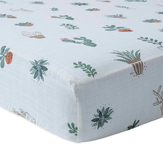 Little Unicorn Premium Crib Sheet | Breathable & Super-Soft Muslin Fabric (Prickle Pots)