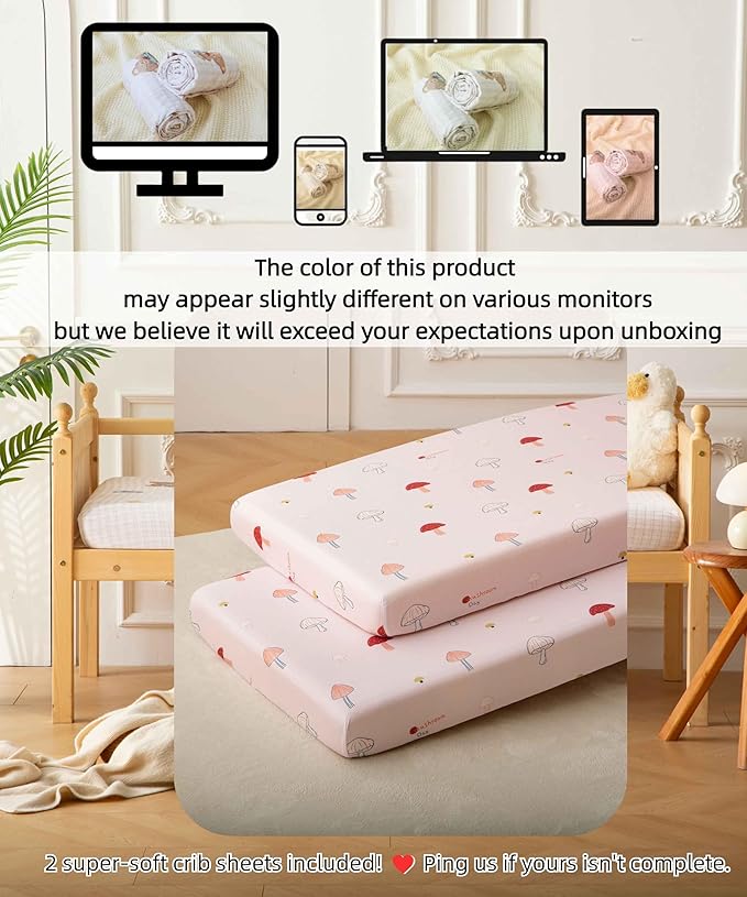 SDY Jersey Mushroom Crib Sheets for Baby Girls,52”x28”x8,2 Pack,Pink Cute Kawaii Standard Oval/Retangle Crib Mattress Sheets for Toddler,Super Soft Breathable