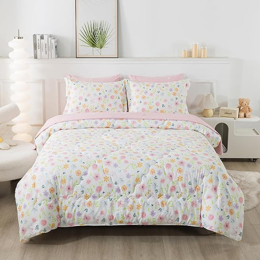 Wajade Floral Comforter Set Bed in A Bag Queen Size 7 Piece Botanical Flower Green Leaves Rabbits Bedding Set for Girls (1 Comforter, 1 Flat Sheet, 1 Fitted Sheet, 2 Pillowcase and 2 Pillow Sham)
