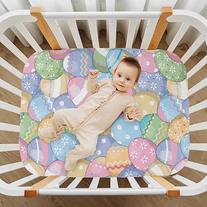 Cute Easter Eggs Crib Sheets Soft Breathable Fitted Baby Playard Sheets Mattress Cover for Girl Boys, 39" x 27" x 5"