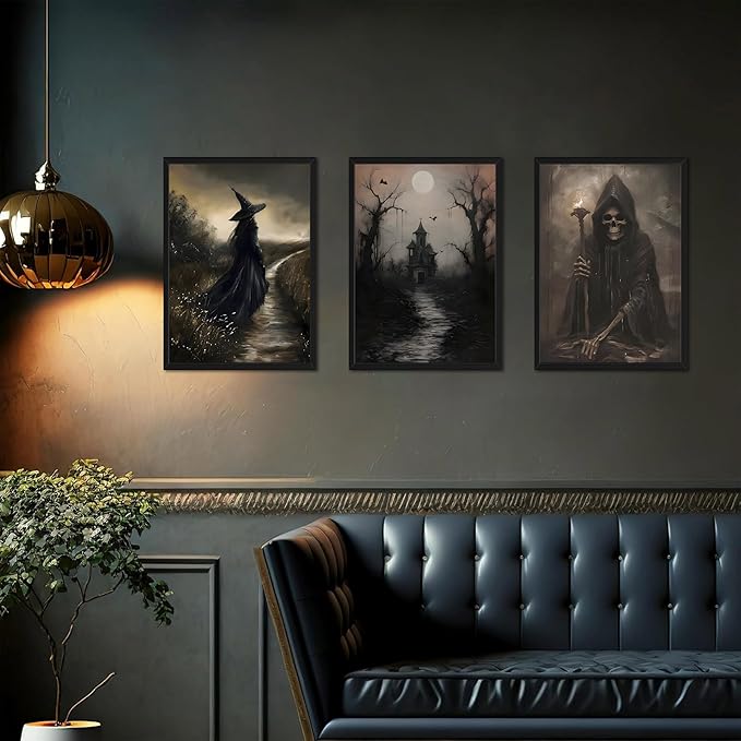 Framed Dark Academia Wall Art Set of 3, Vintage Gothic Skull Witch Wall Decor Paintings, Rustic Moody Spooky Haunted House Prints Pictures for Halloween Living Room 12x16 Inch