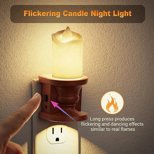 JandCase Nightlight Flameless Candle, 2 Pack Night Lights Plug into Wall, 0-100LM Dimmable Nightlight, 3000K Soft White, LED Candle Night Light with Light Sensor, for Kids Hallway Bathroom