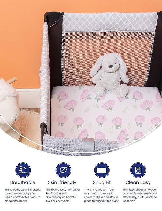 TotAha Premium Stretchy Pack N Play Playard Sheets | Mini Crib Sheets (2-Pack) -Hypoallergenic, Silky Comfort, Buttery Soft, Calming Effect, All-Season Jersey-Knit (Pink Buds & Green Leaves)